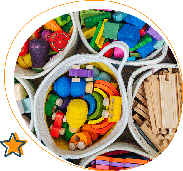 several baskets full of blocks and toys
