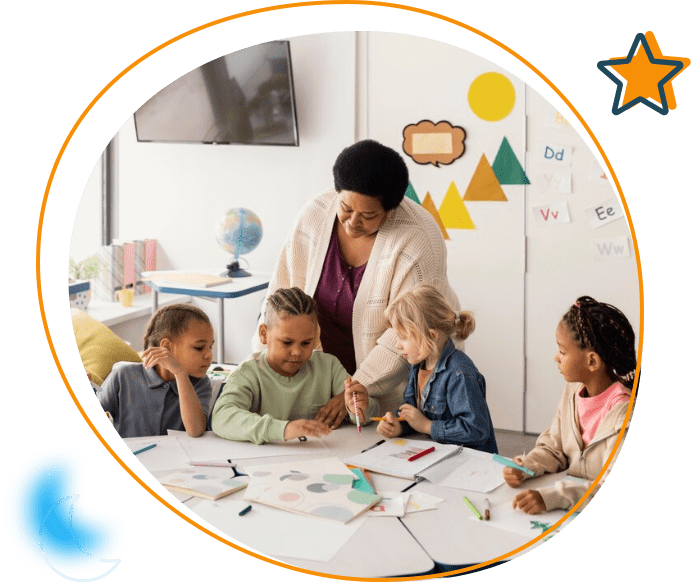 a teacher teaching 4 kids